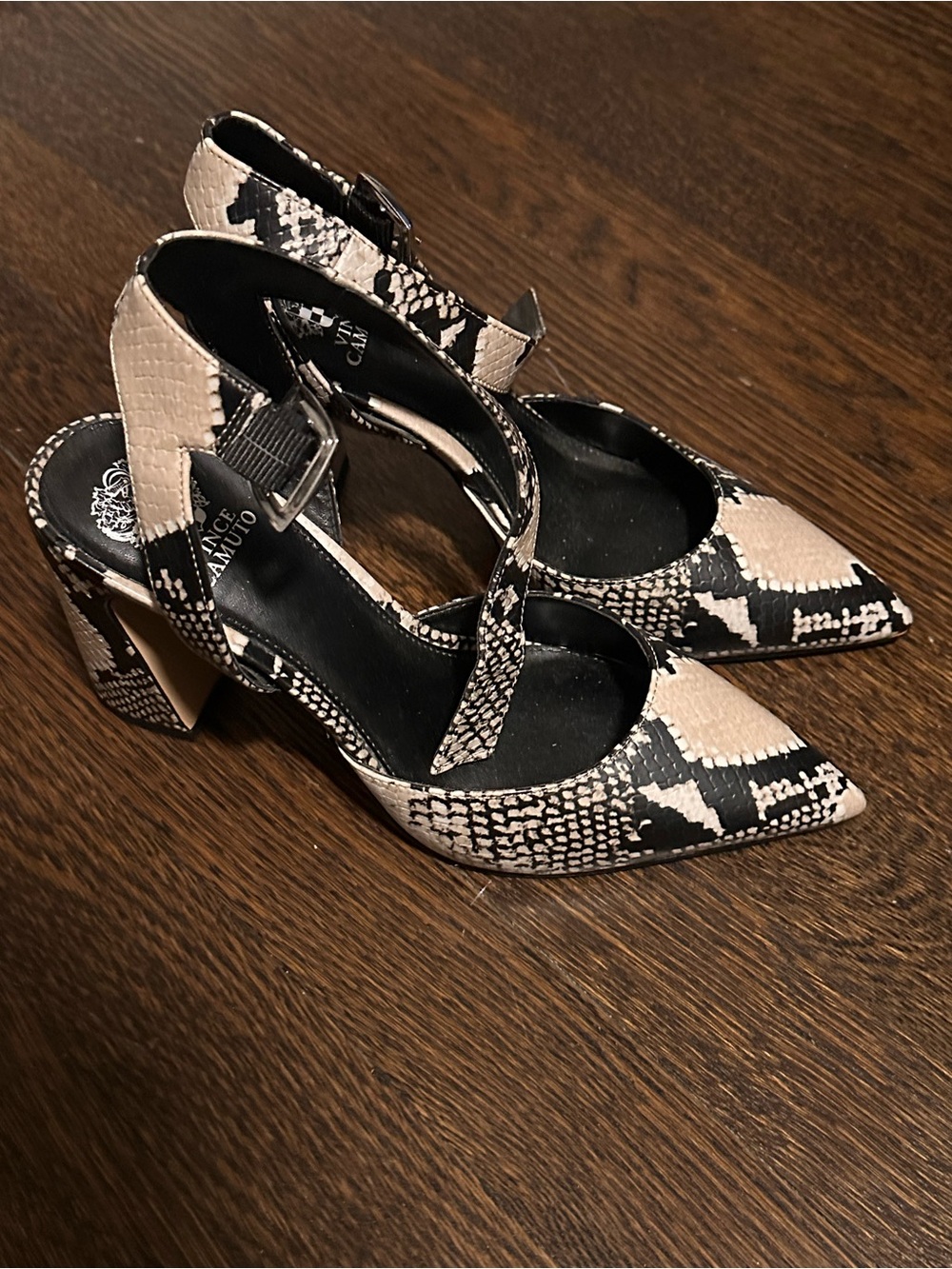 Vince Camuto Black & Cream Snake-Print Pointed Slingback Heels